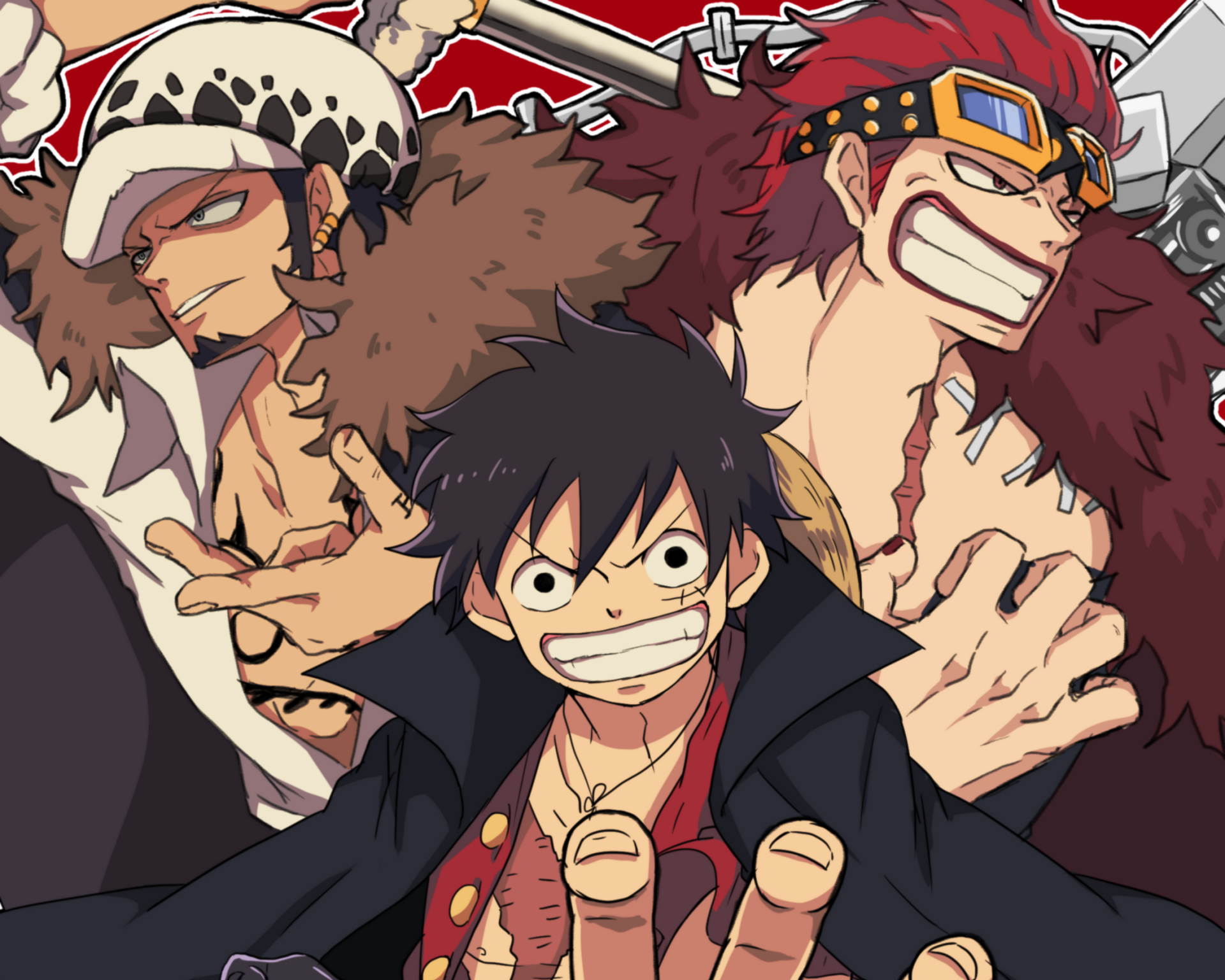 HD PC desktop wallpaper of One Piece: Monkey D. Luffy grinning center, flanked by Trafalgar Law (left) and Eustass Kid (right), dynamic anime trio.
