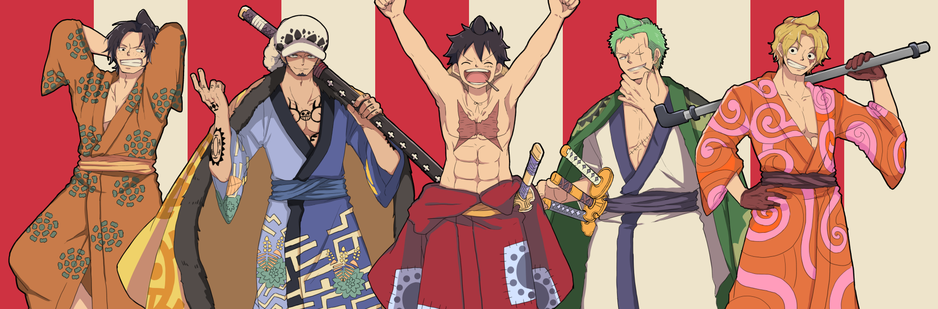 4K Ultra HD PC desktop One Piece wallpaper showing Monkey D. Luffy center, flanked by Trafalgar Law, Sabo, Portgas D. Ace and Roronoa Zoro in bold anime style.