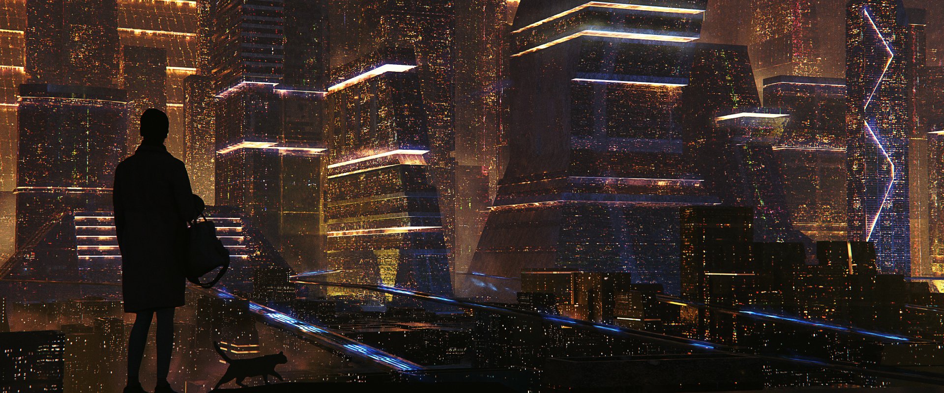 Sci-fi cityscape with towering neon-lit megastructures and glowing aerial highways, silhouetted figure at left — 2K Quad HD PC desktop wallpaper and background.
