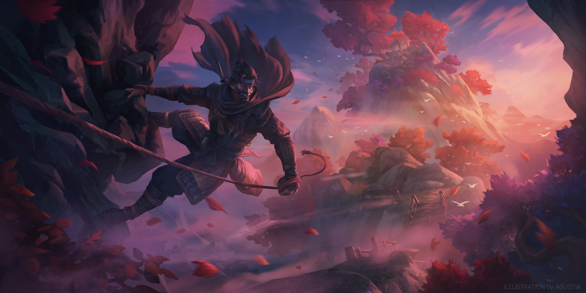 HD PC desktop wallpaper featuring a dynamic scene from the video game Sekiro: Shadows Die Twice with a warrior poised amid swirling red leaves and a misty, mountainous backdrop.