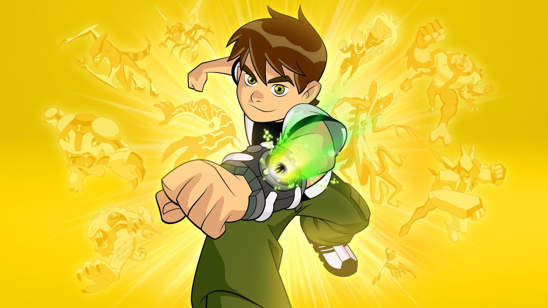 HD PC desktop wallpaper featuring Ben 10 from the TV show, showcasing Ben in action with a glowing Omnitrix against a vibrant yellow background.