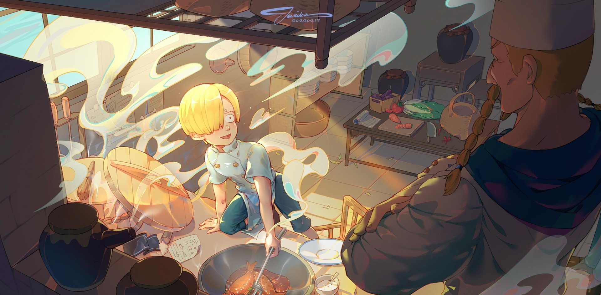 HD anime desktop wallpaper featuring Sanji from One Piece cooking in a warm, detailed kitchen scene with vibrant lighting and dynamic smoke effects.