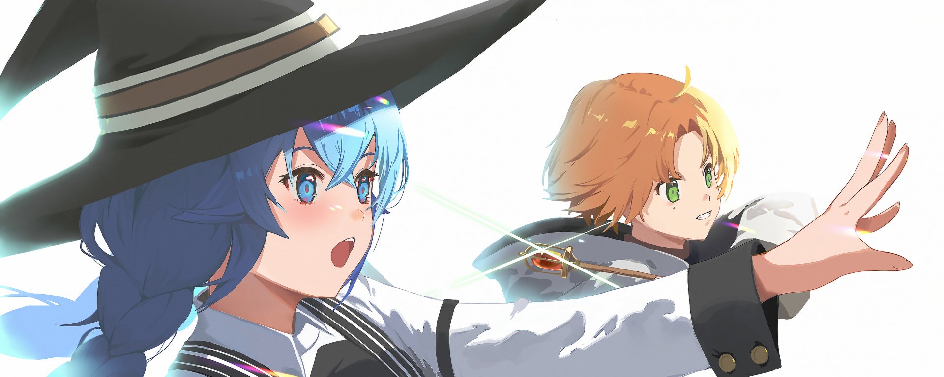 Roxy Migurdia and Rudeus Greyrat from Mushoku Tensei in a dynamic spell-casting scene, vivid anime colors — 2K Quad HD PC desktop wallpaper/background.