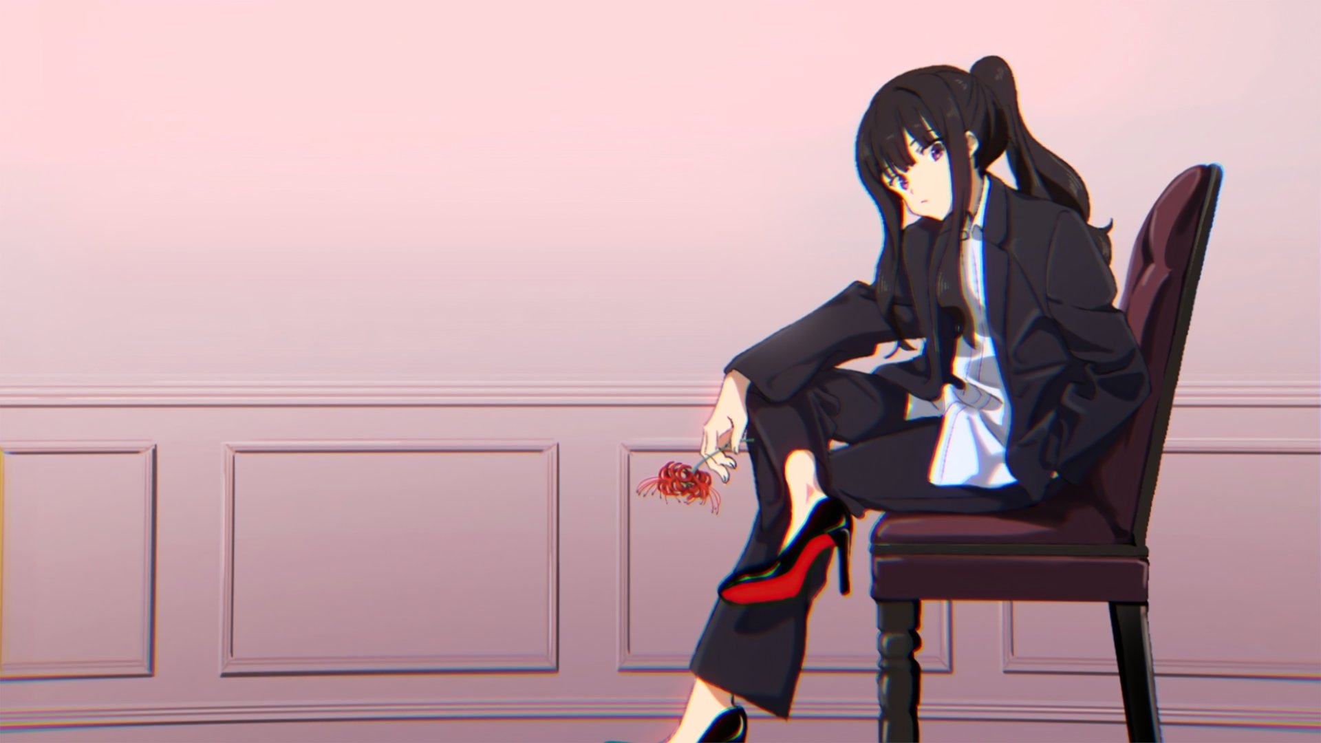 Takina Inoue from Lycoris Recoil sits on a chair against a soft pink wall in this 8K Ultra HD anime desktop wallpaper.