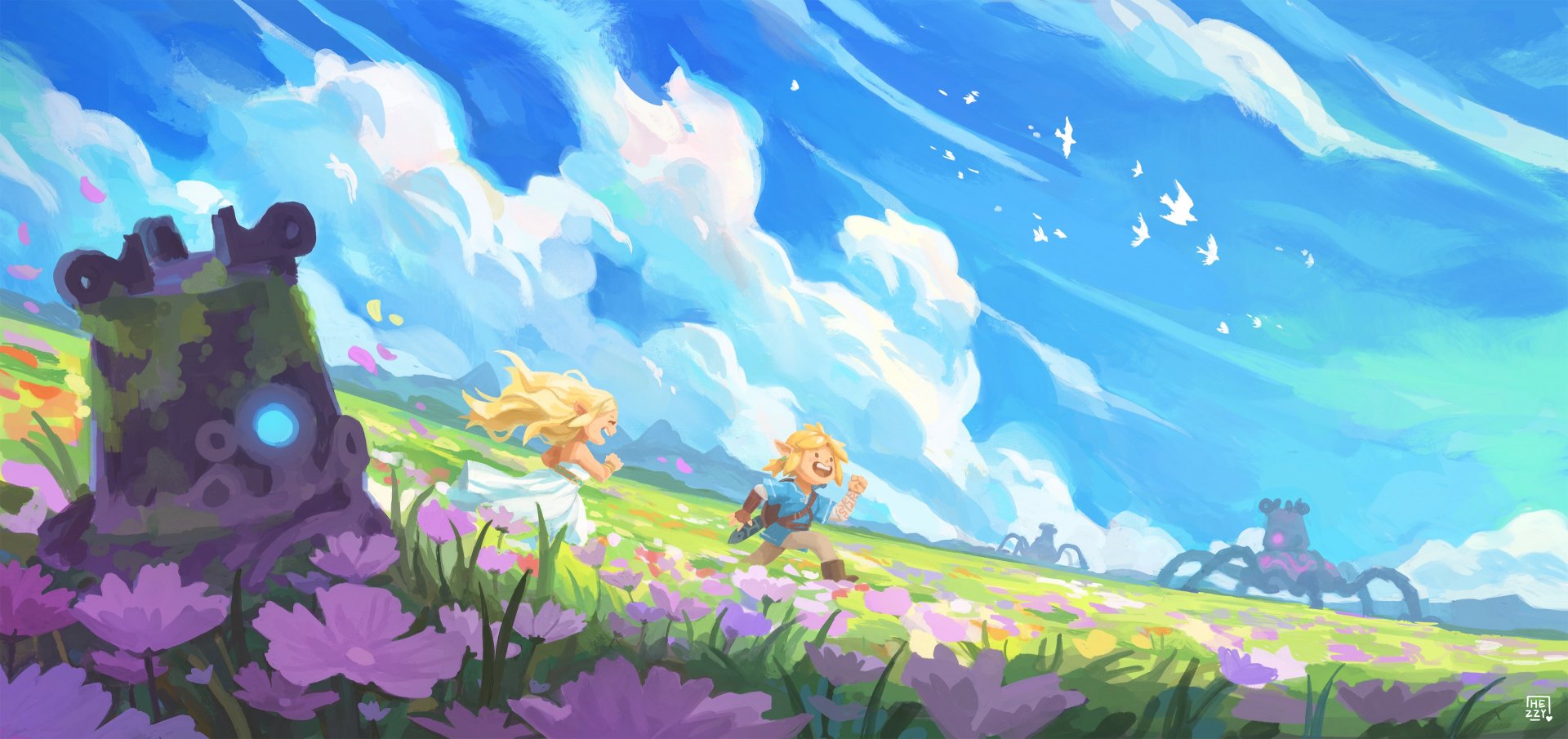 HD desktop wallpaper featuring characters from The Legend of Zelda running through a vibrant, flower-filled field under a bright blue sky with fluffy clouds and flying birds in the background.