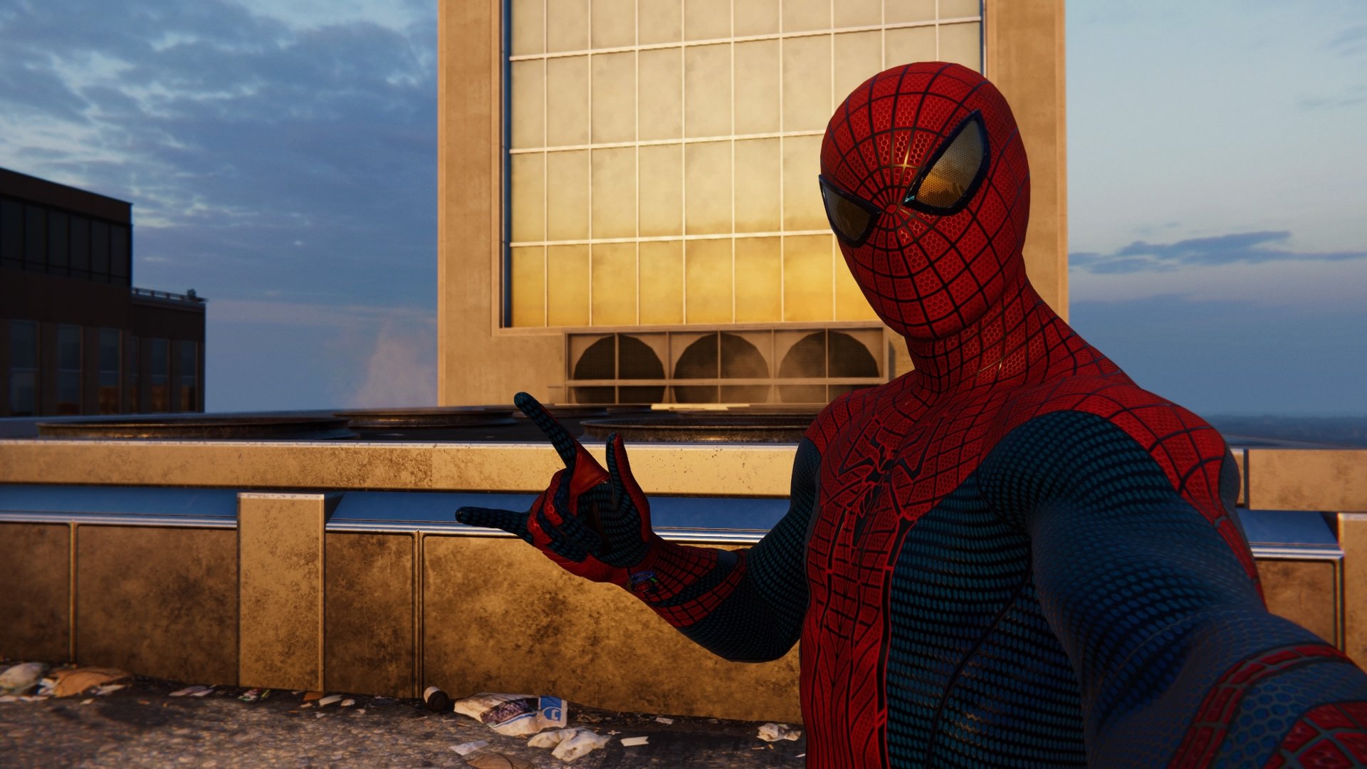 Spider-Man (PS4) taking a rooftop selfie at sunset — 4K Ultra HD PC desktop wallpaper of the video game hero against a city skyline.