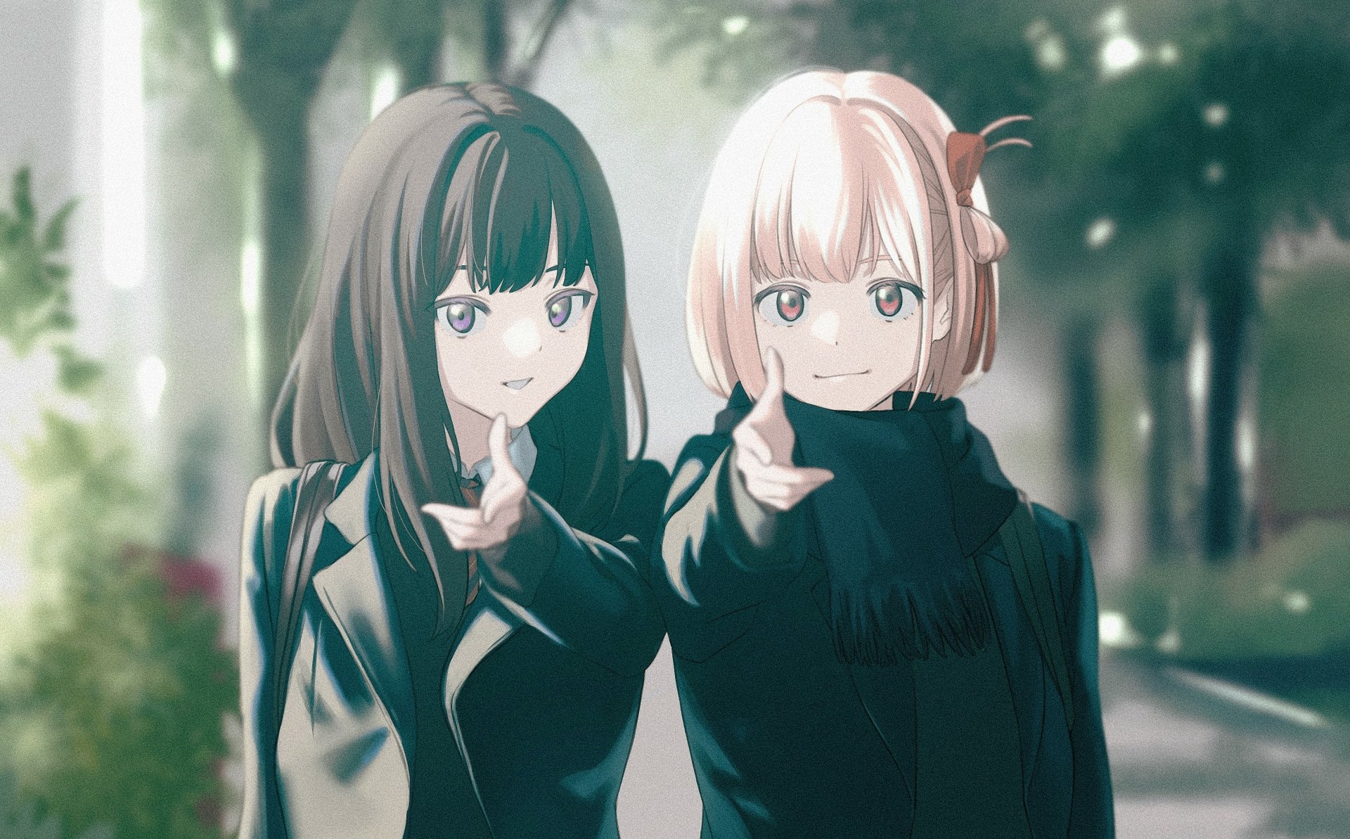 Chisato Nishikigi and Takina Inoue from Lycoris Recoil stand together in a soft-focus park — 2K Quad HD anime PC desktop wallpaper/background.
