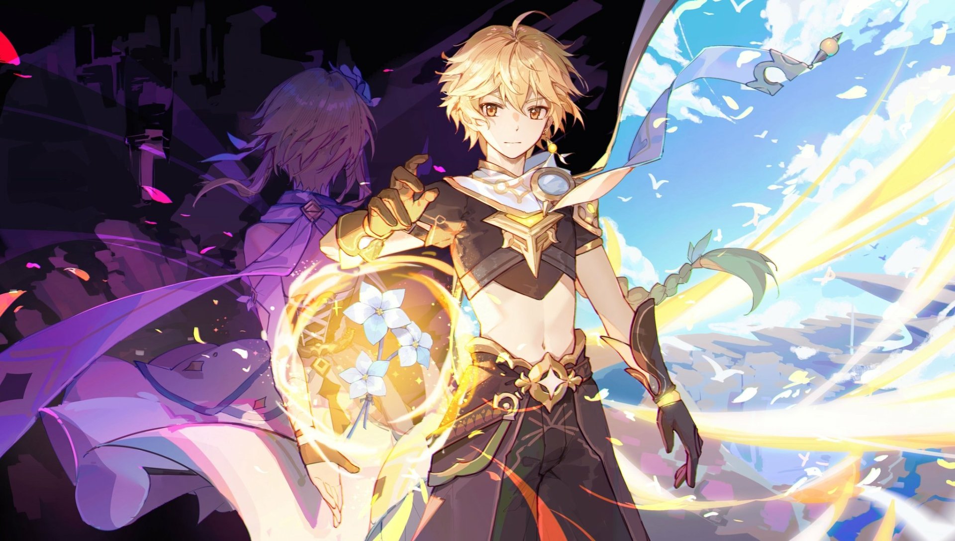 Aether (Genshin Impact) — golden‑haired Traveler in a vibrant HD PC desktop wallpaper and video game background, wielding a glowing sigil as light and shadow swirl around him.