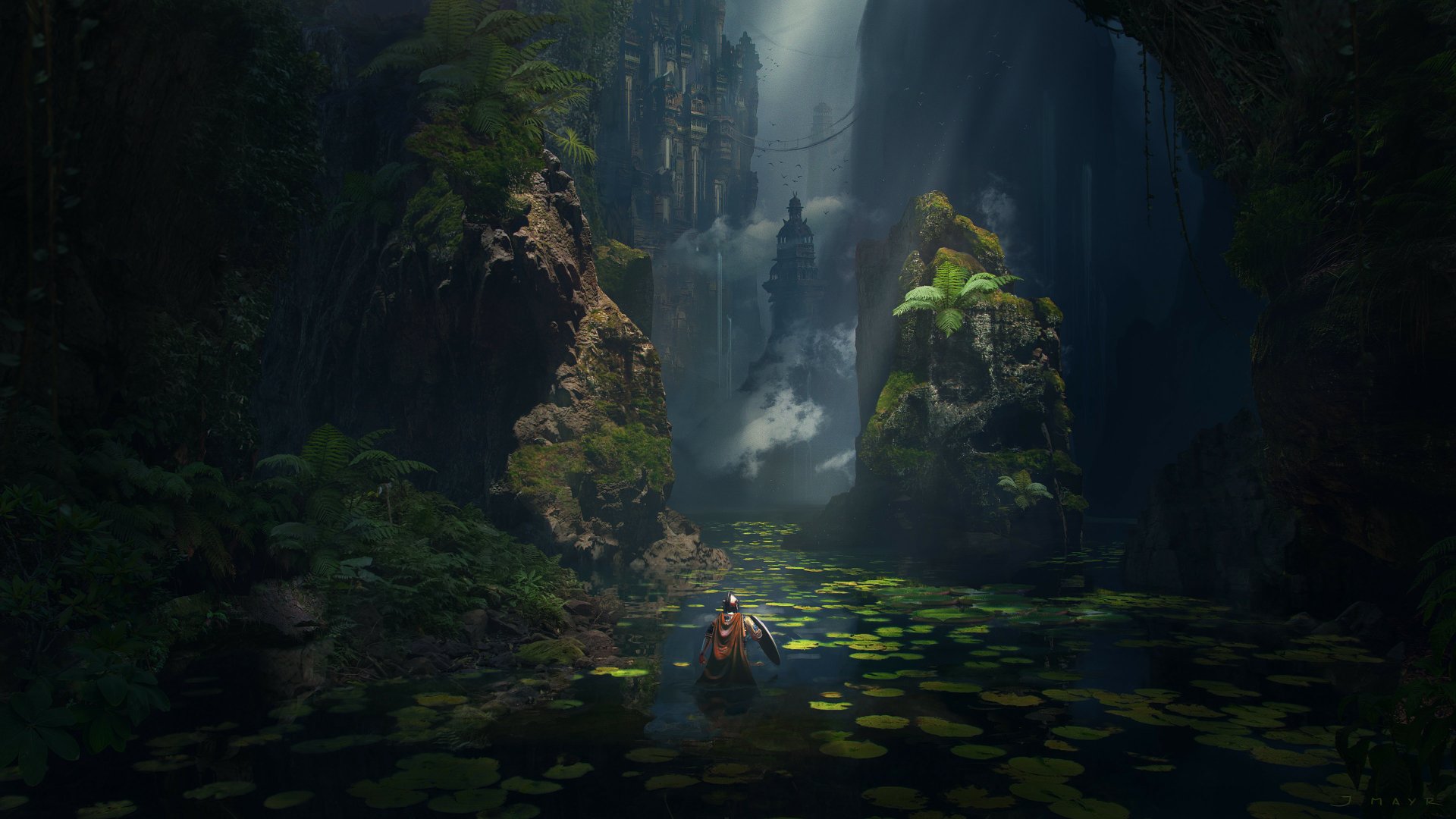 4K Ultra HD PC desktop wallpaper and background: lone explorer in a small boat paddles through a misty, lily-covered cavern toward towering ruined spires in a shadowed fantasy landscape.
