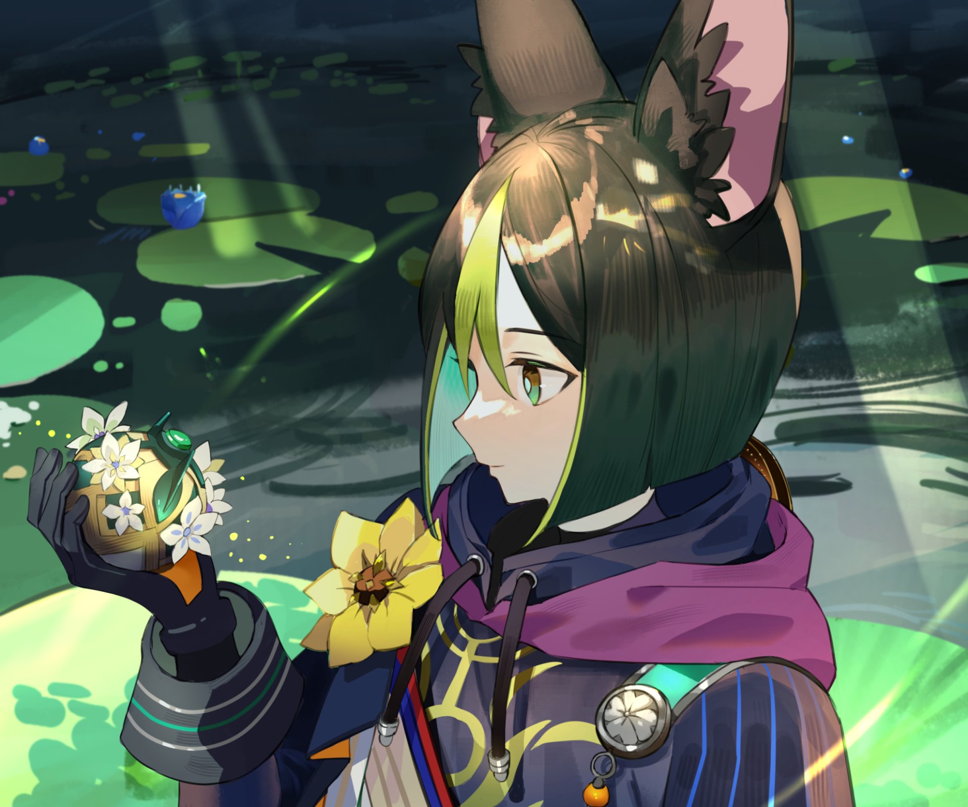 HD PC desktop wallpaper featuring Tighnari from the video game Genshin Impact, depicted in a detailed, vibrant forest setting with glowing effects.