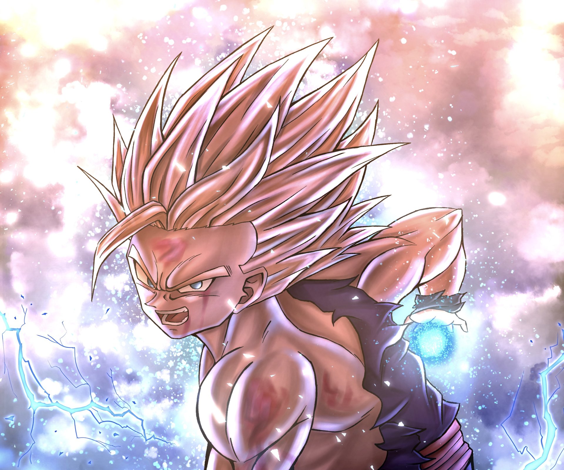 Gohan Beast (Gohan, Dragon Ball Super: Super Hero) charging a blue ki orb, fierce expression and spiky white hair — anime 2K Quad HD PC desktop wallpaper.