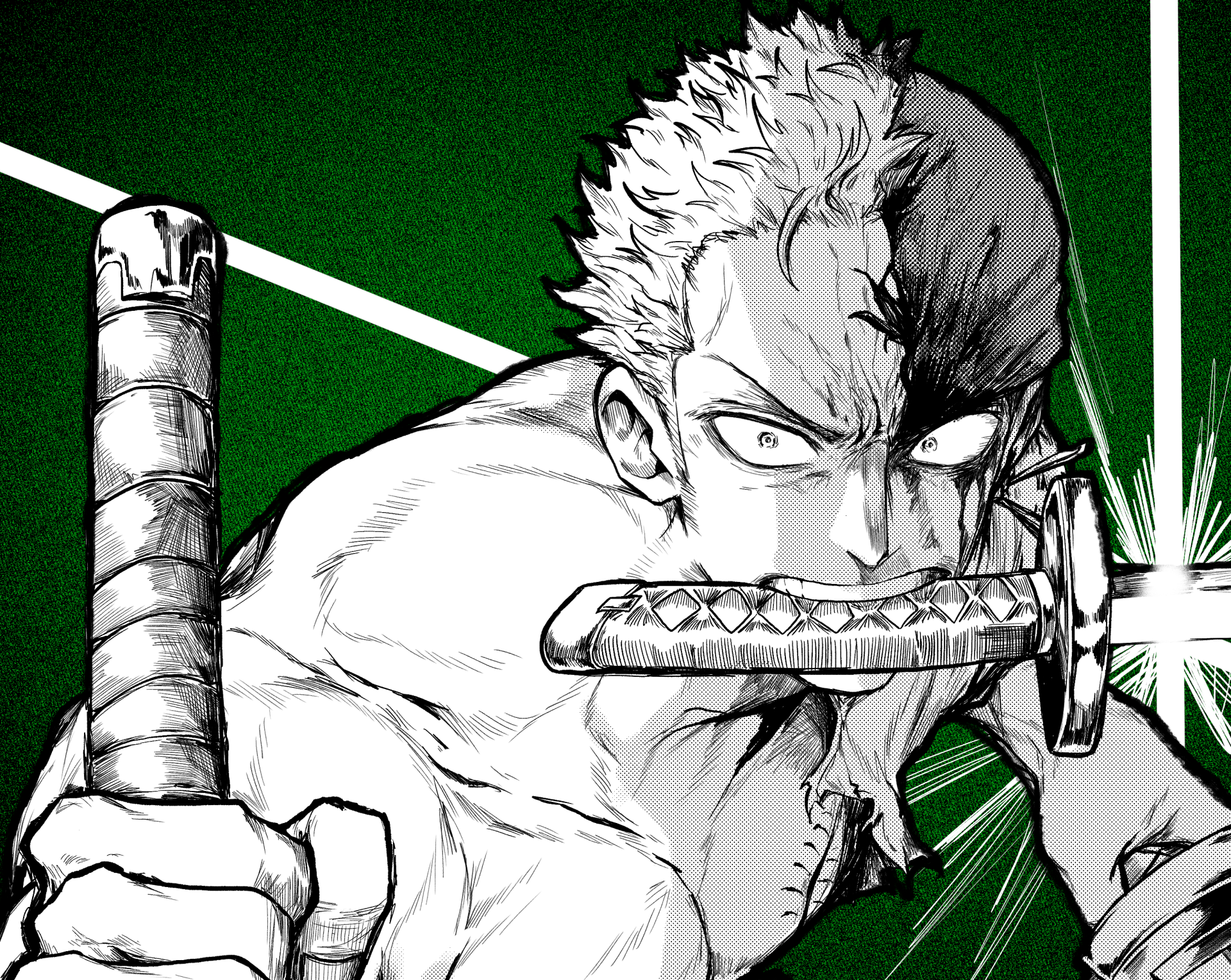 HD PC desktop wallpaper of Roronoa Zoro from One Piece in dynamic black-and-white manga style with a green background and intense sword-ready pose.