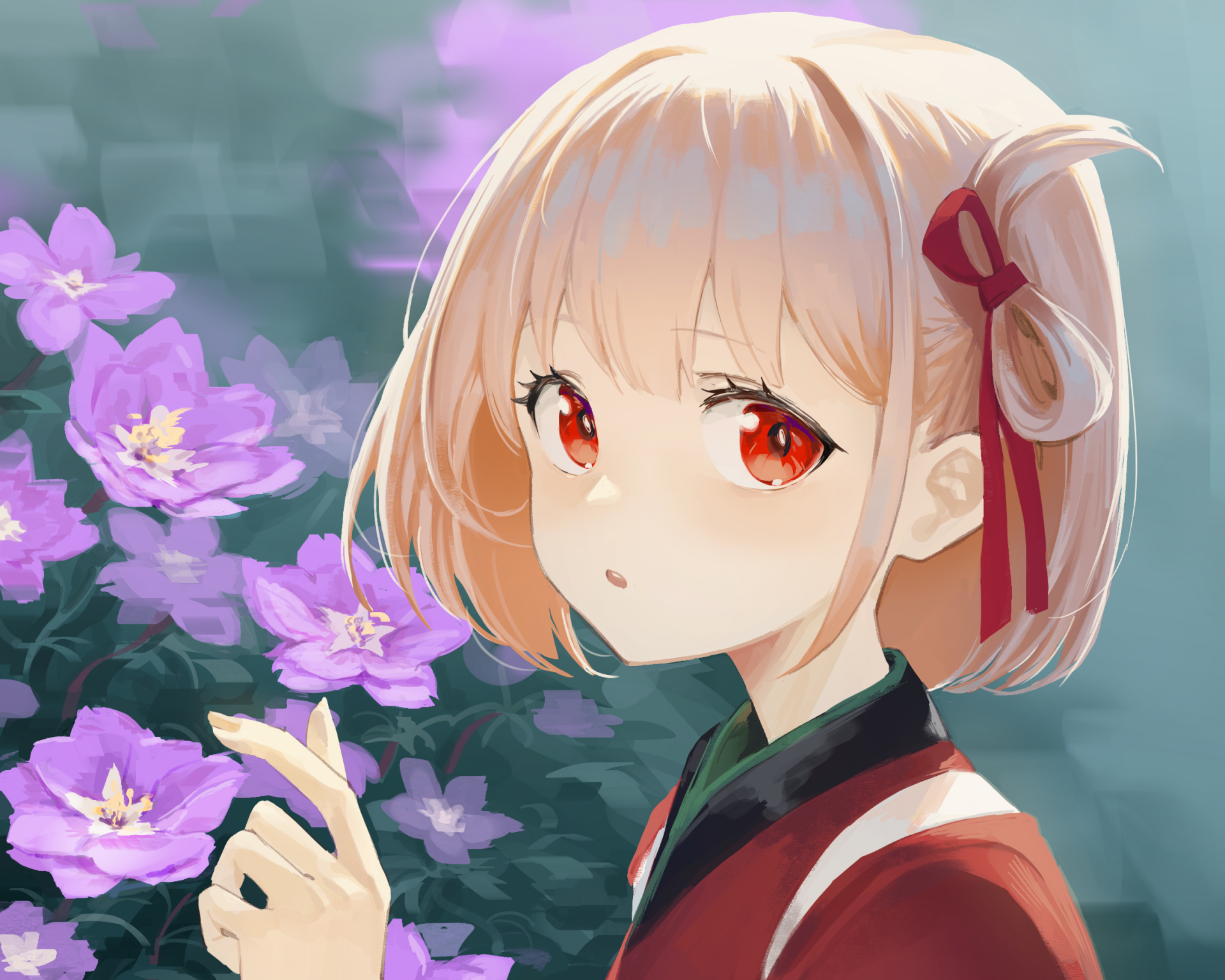 HD anime desktop wallpaper featuring Chisato Nishikigi from Lycoris Recoil, surrounded by vibrant purple flowers and soft lighting.