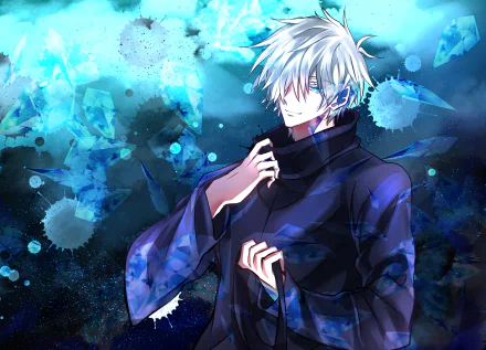 Satoru Gojo from Jujutsu Kaisen depicted in vibrant blue tones with glowing eyes, designed as a 4K Ultra HD anime PC desktop wallpaper and background.