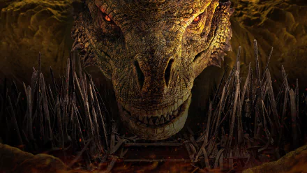 Close-up of a fierce dragon from the TV show House of the Dragon, featured in a 4K Ultra HD PC desktop wallpaper with dark, intense tones and sharp details.