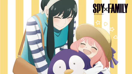 HD PC desktop wallpaper featuring Anya Forger and Yor Forger from Spy x Family, with bright striped background and playful, warm expressions.