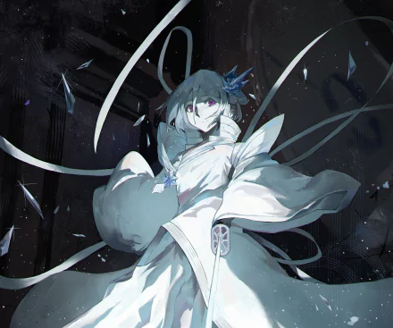 HD PC wallpaper featuring Rukia Kuchiki from the anime Bleach, depicted in a dynamic pose with flowing white and blue garments against a dark, abstract background.