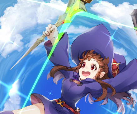 Atsuko Kagari from the anime Little Witch Academia, grinning in purple witch robes and hat, brandishing a glowing wand mid-flight against a bright sky — HD PC desktop wallpaper background.