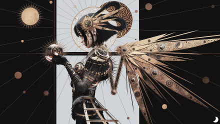 A steampunk fantasy angel in intricate metallic armor and mechanical wings, set against a cosmic background, rendered in stunning 4K Ultra HD for PC desktop.