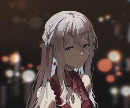 Yoisaki Kanade, video game Project Sekai: Colorful Stage! feat. Hatsune Miku — HD desktop wallpaper of a melancholy silver-haired girl with red ribbons and a dark outfit against soft bokeh lights