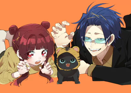 2K Quad HD PC wallpaper: Tooru Kirishima and Yaeka Sakuragi from The Yakuza's Guide to Babysitting lean forward playfully with a black cat in a tiger hoodie against an orange backdrop.