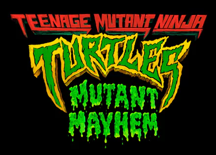 HD PC desktop wallpaper showing the movie Teenage Mutant Ninja Turtles: Mutant Mayhem logo in neon green and yellow text dripping on a black background.