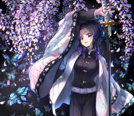 Shinobu Kochou from Demon Slayer: Kimetsu no Yaiba stands amid glowing wisteria and butterflies, sword in hand — detailed anime 2K Quad HD PC desktop wallpaper/background.