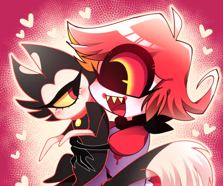 HD desktop wallpaper featuring Niffty from the TV show Hazbin Hotel, showcasing vibrant colors and dynamic character poses with a heart-filled background.