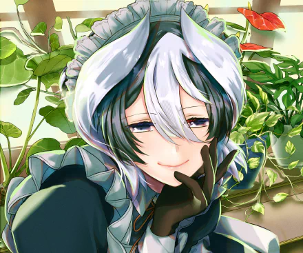 Ouzen (Made in Abyss) anime portrait with silver-white hair, maid-like outfit and gloved hand to lips amid lush green foliage — 2K Quad HD PC desktop wallpaper/background.