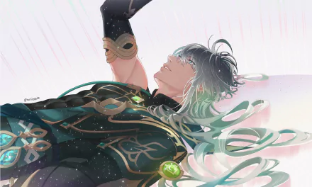 Al-Haitham (Genshin Impact) reclining with flowing hair and ornate green-black outfit, glowing gem accents — 4K Ultra HD PC desktop wallpaper/background, video game artwork.