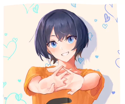 HD PC desktop wallpaper featuring Ruka Sarashina from the anime Rent-A-Girlfriend, showcasing her with short dark hair, bright blue eyes, and an orange top against a heart-patterned background.