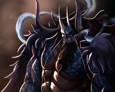 Kaido (One Piece) — menacing horned, muscular figure in a dark, smoky anime scene with dramatic lighting; 2K Quad HD PC desktop wallpaper/background.