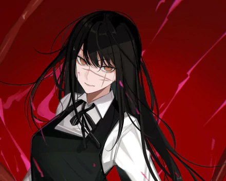 HD anime wallpaper featuring Asa Mitaka, the War Devil from Chainsaw Man, with long black hair and intense red background.