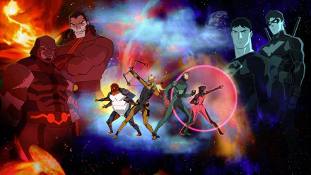 4K Young Justice TV show desktop wallpaper: Forager, Conner Kent/Superboy, Dick Grayson/Nightwing, Halo, Geo-Force and Artemis Crock confront Vandal Savage and Darkseid in a cosmic scene.