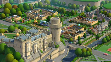 HD wallpaper of Two Point Campus game featuring a detailed animated campus with a central tower for desktop background.