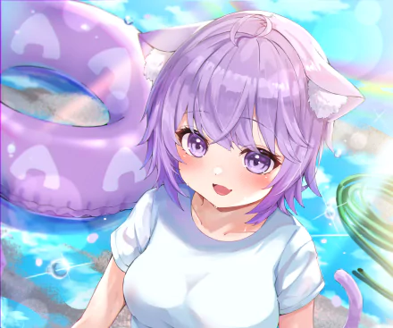 HD PC desktop wallpaper of hololive virtual YouTuber Nekomata Okayu: purple-haired catgirl with ears and violet eyes, smiling among swim floaties and sparkling pool water in anime style.