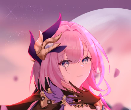 4K Ultra HD PC desktop wallpaper of Elysia from the video game Honkai Impact 3rd — close-up of a pink‑haired heroine with an ornate horned headpiece, soft pastel sky and drifting petals.