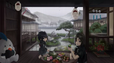 4K Ultra HD anime wallpaper featuring Sasuke and Itachi Uchiha from Naruto, sharing tea in a serene traditional Japanese setting with a garden and misty mountains in the background.