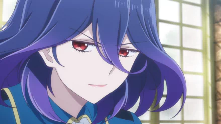 HD anime desktop wallpaper of Vermeil from Kinsou no Vermeil, featuring her with purple hair and red eyes in a softly lit room.