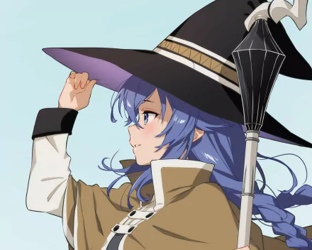 HD PC desktop wallpaper of Roxy Migurdia from the anime Mushoku Tensei: Jobless Reincarnation, featuring her in a side profile with a witch hat and staff.