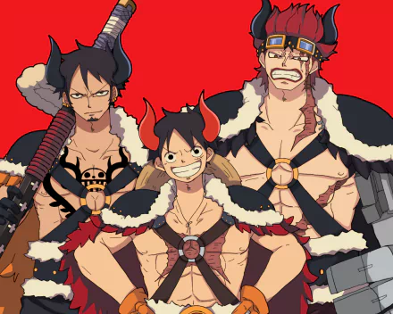 HD PC desktop wallpaper of One Piece anime featuring Eustass Kid, Monkey D. Luffy, and Trafalgar Law in fur-trimmed outfits standing together against a bold red background.