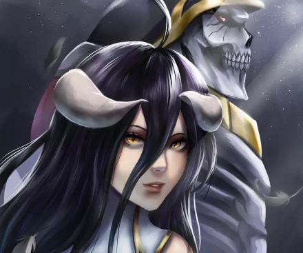 Albedo (Overlord) close-up with horns and golden eyes, Ainz Ooal Gown looming behind — anime Overlord 2K Quad HD PC desktop wallpaper and background, moody dark lighting.