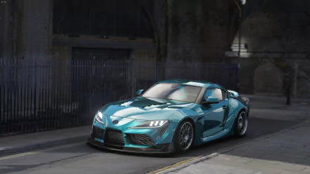 HD PC desktop wallpaper/background: teal Toyota Supra rendered in Assetto Corsa (video game), parked in a cinematic garage with glossy paint and aggressive stance.