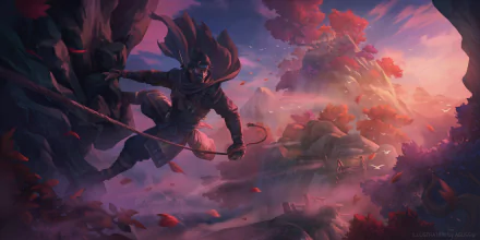 HD PC desktop wallpaper featuring a dynamic scene from the video game Sekiro: Shadows Die Twice with a warrior poised amid swirling red leaves and a misty, mountainous backdrop.