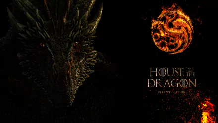 4K Ultra HD wallpaper featuring a fiery dragon and the House of the Dragon logo from the TV show, set against a dark background with intense fire elements.