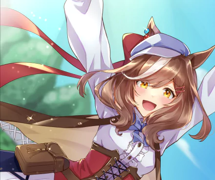 HD PC desktop wallpaper of Matikane Tannhauser (Anime, Uma Musume: Pretty Derby): cheerful girl with horse ears, flowing brown hair and sailor-style outfit against a bright sky.
