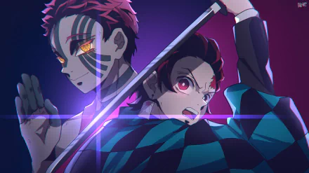 HD anime desktop wallpaper featuring Tanjiro Kamado and Akaza from Demon Slayer: Kimetsu no Yaiba in a dynamic battle pose.