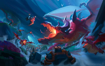 Fantasy scene of a roaring dragon amidst icy caverns, vibrant 4K Ultra HD PC desktop wallpaper and background showing armored adventurers and flying drakes in dynamic battle.