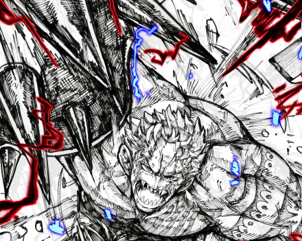 HD PC desktop wallpaper featuring Charlotte Katakuri from the anime One Piece, depicted in a dynamic, intense black and white sketch with striking red and blue accents.