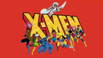 Vibrant HD desktop wallpaper featuring iconic X-Men '97 characters striking dynamic poses against a bold red background with the large yellow X-Men logo.